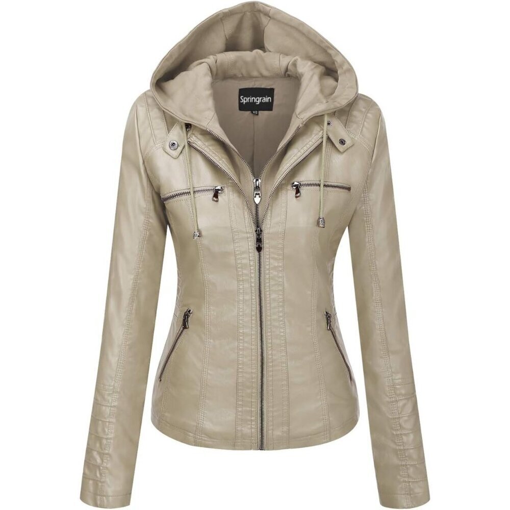 Women's Beige Faux Leather Jacket Moto Biker Coat with Detachable Hood Jacket